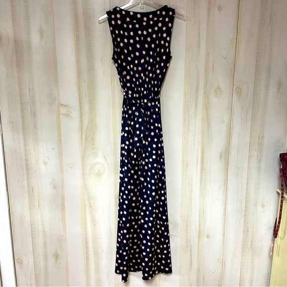 Nina Leonard Navy Pink Polka Dot V Neck Maxi Dress Beaded Accent, Sz M - Picture 3 of 7